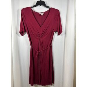 Motherhood Maternity Burgundy Knot Front V-Neck Short Sleeve Tie Waist Dress L